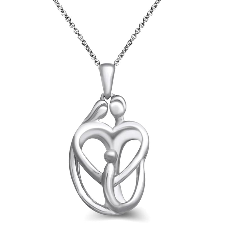 Jewelili Sterling Silver With Parents and One Child Family Heart Pendant Necklace