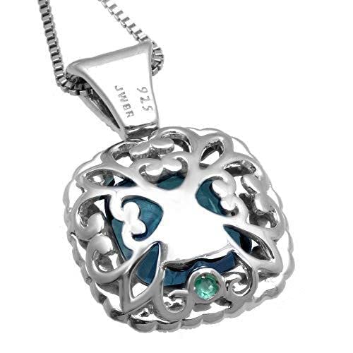 Jewelili Sterling Silver With Cushion Cut Swiss Blue Topaz, Round White Topaz and Round Emerald Halo Pendant Necklace, 18" Box Chain