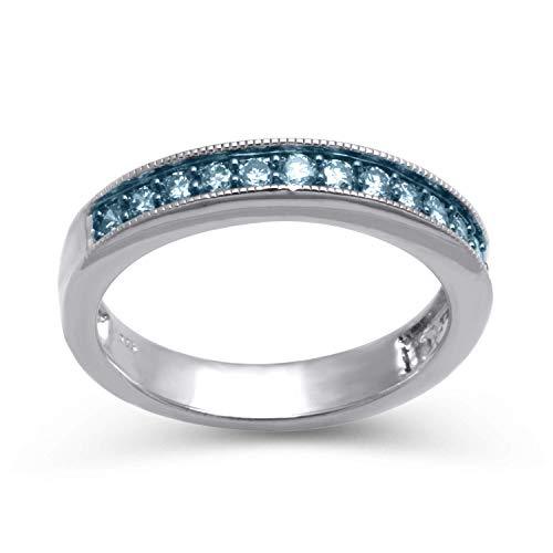 Jewelili Sterling Silver with 1/3 CTTW Round Shape Treated Blue Diamonds Band