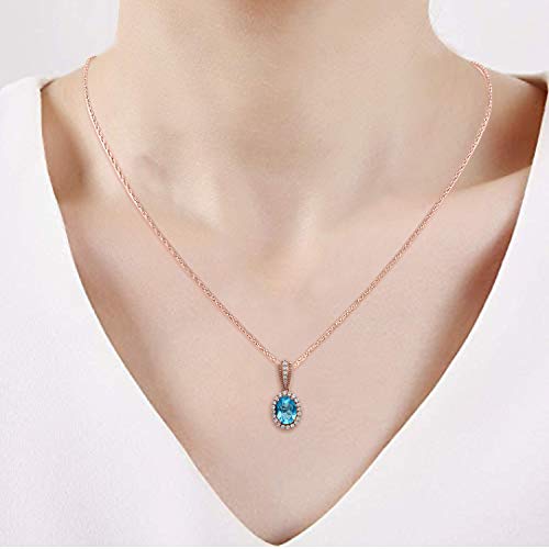 Jewelili 10K Rose Gold With Oval Shape Sky Blue Topaz and Round White Topaz Halo Pendant Necklace, 18" Box Chain