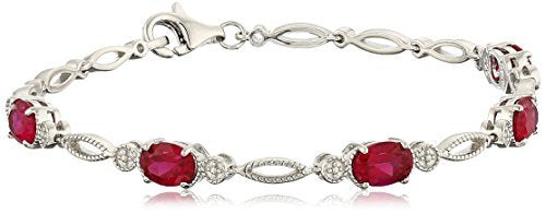 Jewelili Fashion Bracelet with Oval Shape Created Ruby in Sterling Silver 7.5 Inch