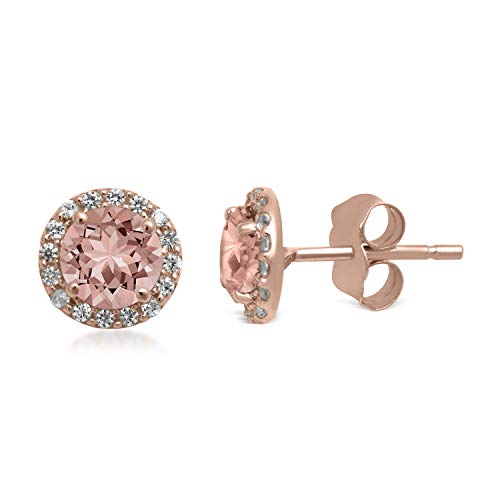 Jewelili 10K Rose Gold Round Natural Morganite and Created White Sapphire Stud Earrings
