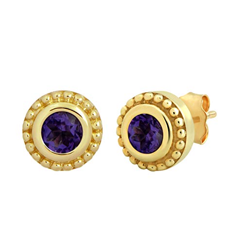 Jewelili 10K Yellow Gold with Natural Round Amethyst Stud Earrings