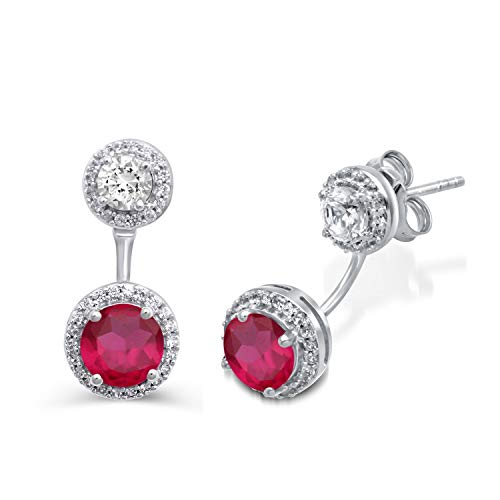 Jewelili Sterling Silver With Round Created Ruby and Created White Sapphire Drop Earrings