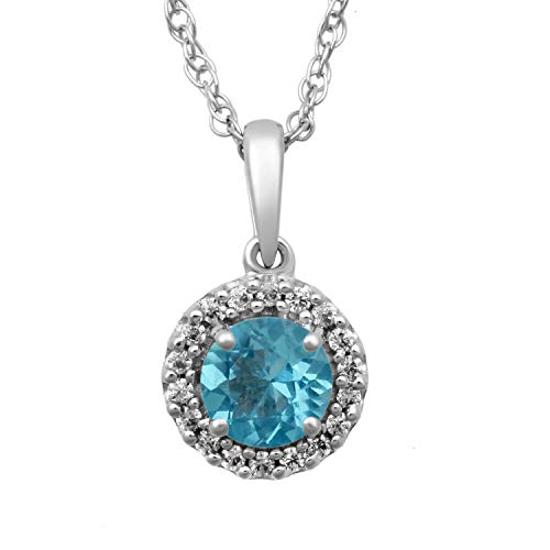 Jewelili Sterling Silver with Round Sky Blue Topaz and Cubic Zirconia Pendant Necklace