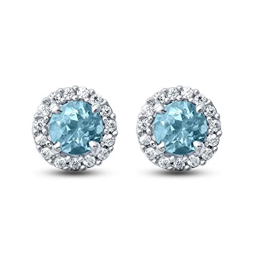 Jewelili Cubic Zirconia Stud Earrings with Simulated Round Shape Aquamarine and Round Cubic over Sterling Silver view 1