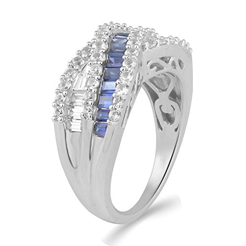 Jewelili Crossover Ring with Created Baguettes Ceylon Sapphire and Created Round & Baguettes White Sapphire in Sterling Silver View 2