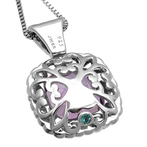 Jewelili Sterling Silver Cushion Cut Amethyst With Round White Topaz and Round Emerald Halo Pendant Necklace