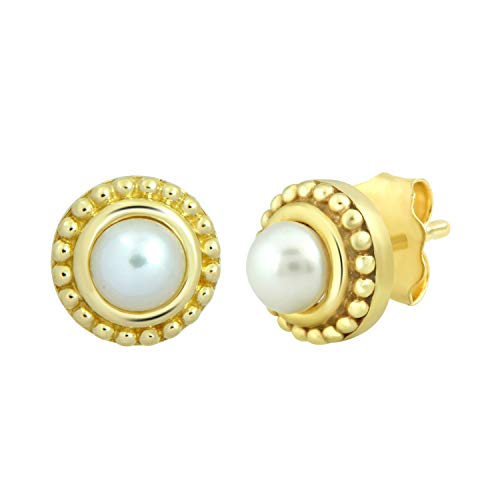 Jewelili 10K Yellow Gold with White Round Button Half Drill Pearl Stud Earrings