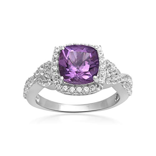 Jewelili Halo Ring with Cushion Cut Amethyst and Created White Sapphire in Sterling Silver View 1