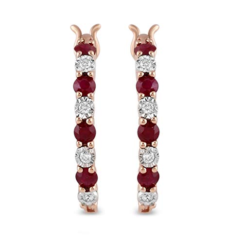 Jewelili 10K Rose Gold with Natural Ruby and Natural White Diamonds Hoop Earrings