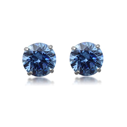Jewelili Stud Earrings with Blue Cubic Zirconia in 10K White Gold View 2