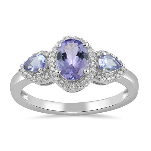 Jewelili Ring with Round Natural White Diamonds and Oval and Pear Tanzanite in 10K White Gold 1/10 CTTW View 1