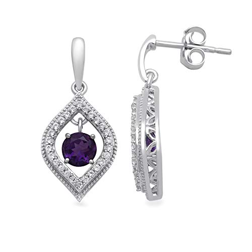 Jewelili Teardrop Drop Earrings with Round Amethyst and Created White Sapphire in Sterling Silver View 1