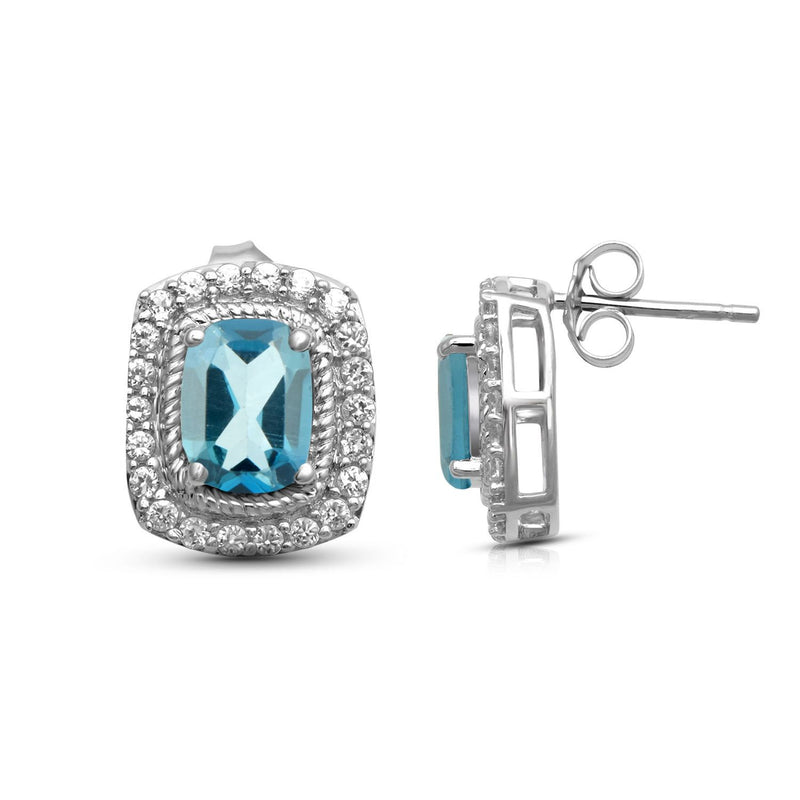 Jewelili Sterling Silver With London Blue Topaz and White Topaz Halo Stud Earrings