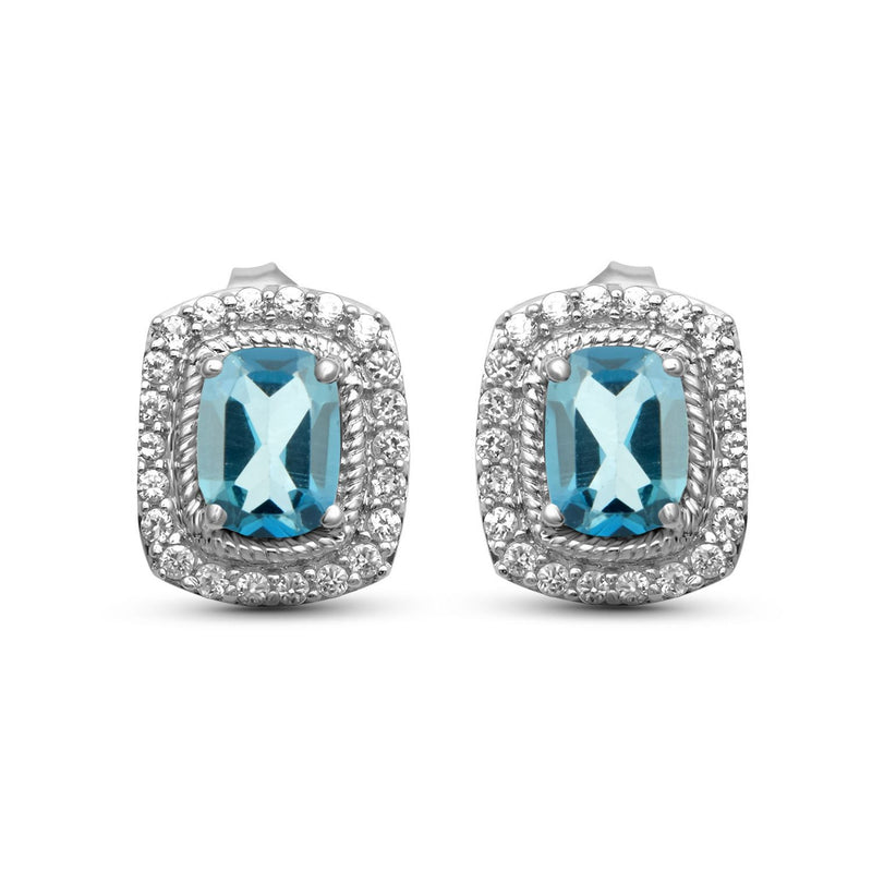 Jewelili Sterling Silver With London Blue Topaz and White Topaz Halo Stud Earrings