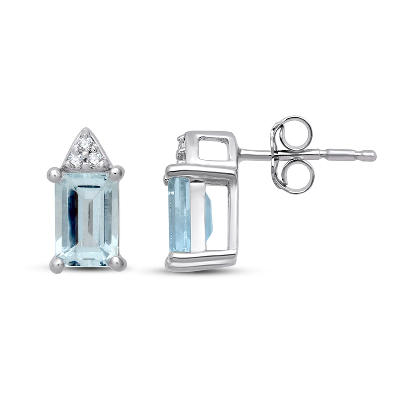 Jewelili Sterling Silver with Aquamarine and Created White Sapphire Stud Earrings