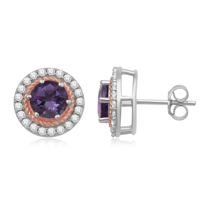 Jewelili 18K Rose Gold Over Sterling Silver Round Natural Amethyst and Created White Sapphire Halo Rope Stud Earrings