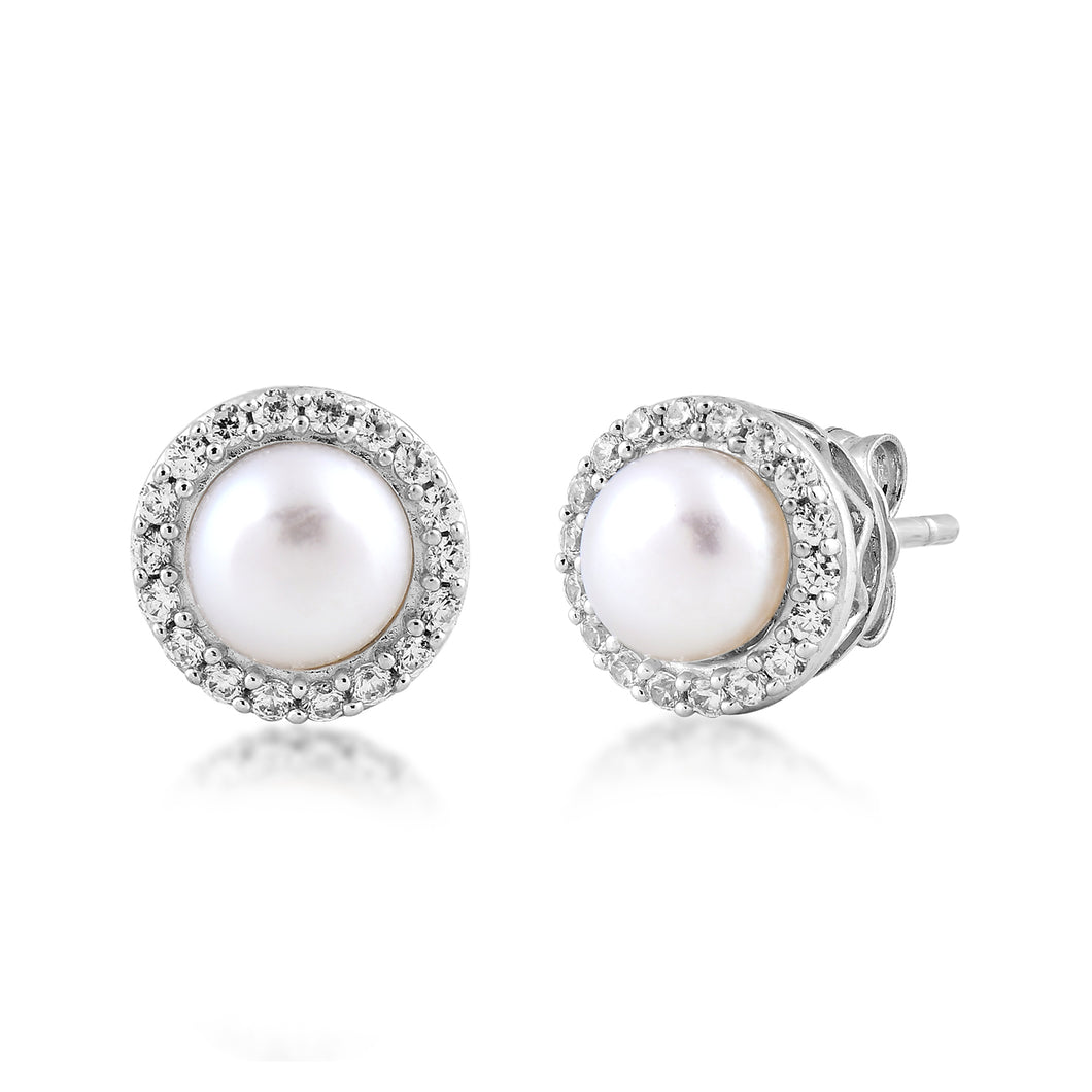 Jewelili Sterling Silver With Pearl Cultured and White Cubic Zirconia Stud Earrings
