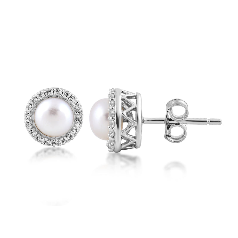 Jewelili Sterling Silver With Pearl Cultured and White Cubic Zirconia Stud Earrings