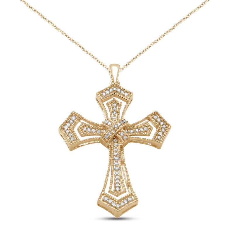 Jewelili Cross Pendant Necklace with Natural White Diamond in Yellow Gold over Sterling Silver 