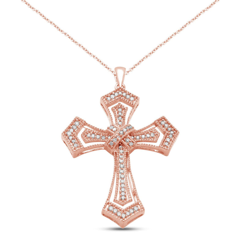 Jewelili Cross Pendant Necklace with Natural White Diamond in Rose Gold over Sterling Silver 1/5 CTTW