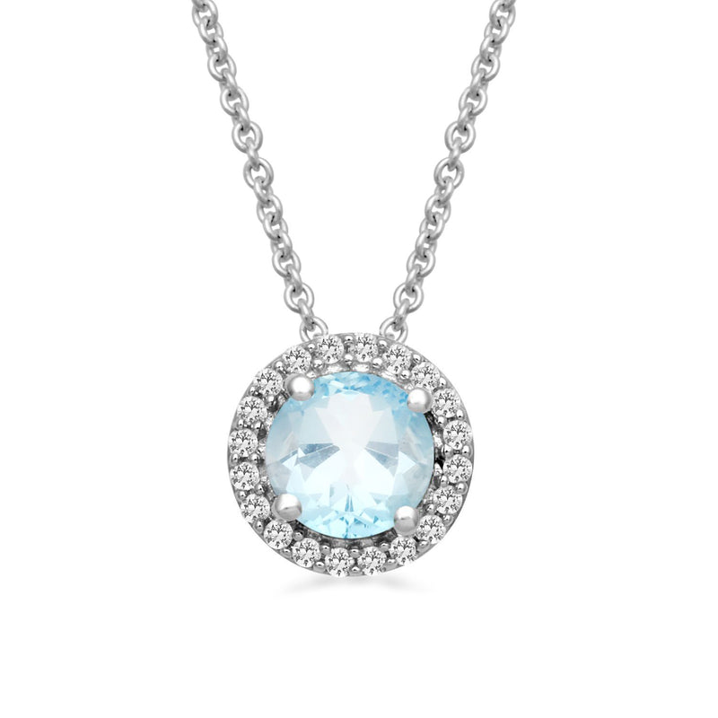 Jewelili Sterling Silver with Checker Board Round Aquamarine and Round Created White Sapphire Pendant Necklace