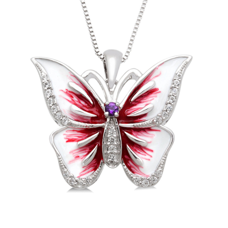 Jewelili Enamel Butterfly Pendant Necklace with Round Amethyst and Round Created White Sapphire in Sterling Silver 