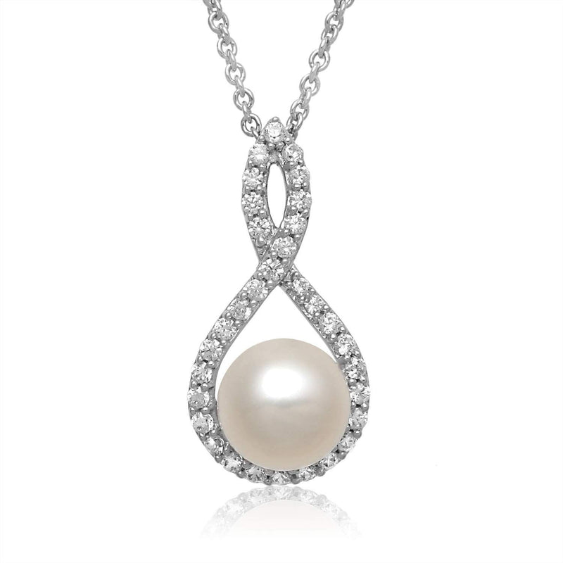 Jewelili Sterling Silver with Full Round White Drill Pearl And Round Cubic Zirconia Pendant Necklace