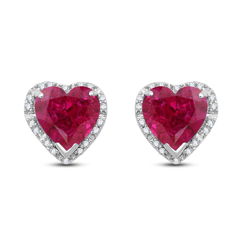 Jewelili 10K White Gold with Heart Shape Created Ruby and 1/10 CTTW Natural White Round Diamonds Stud Earrings