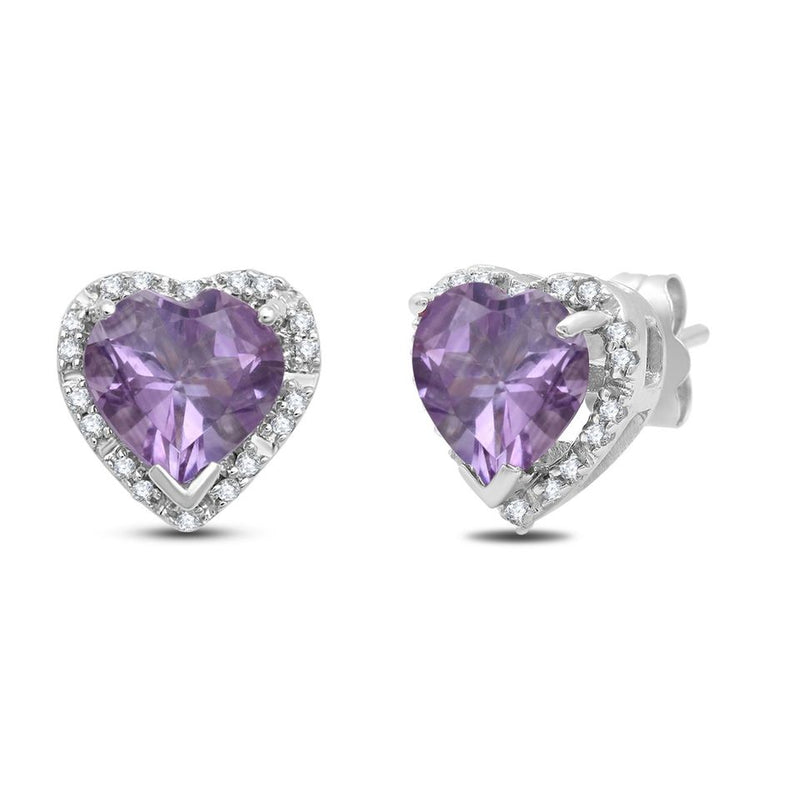 Jewelili 10K White Gold with Heart Shape Natural Amethyst and 1/10 CTTW Natural White Round Diamonds Stud Earrings