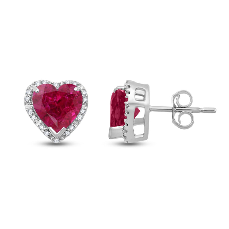 Jewelili 10K White Gold with Heart Shape Created Ruby and 1/10 CTTW Natural White Round Diamonds Stud Earrings