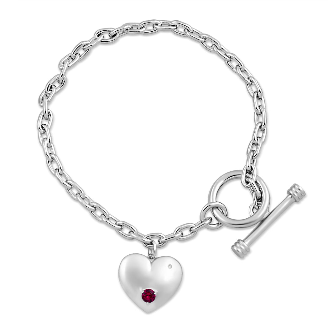 Jewelili Heart Bracelet with Created Ruby and Created White Sapphire in Sterling Silver View 1