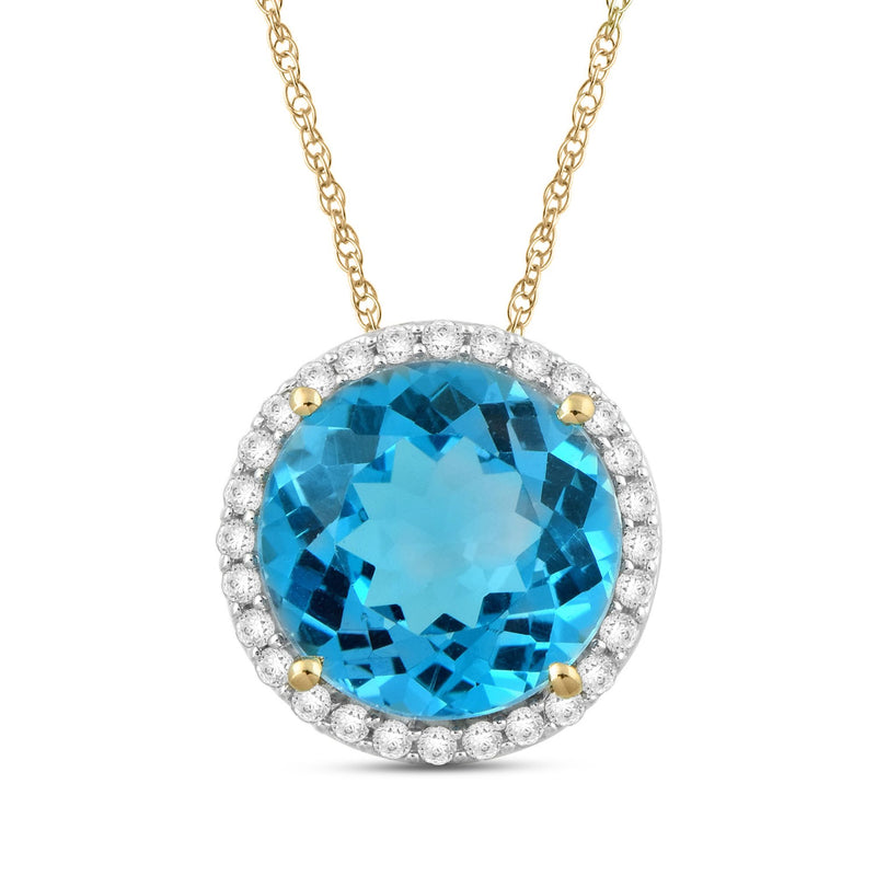 Jewelili 10K Yellow Gold With Round Swiss Blue Topaz and Created White Sapphire Halo Pendant Necklace