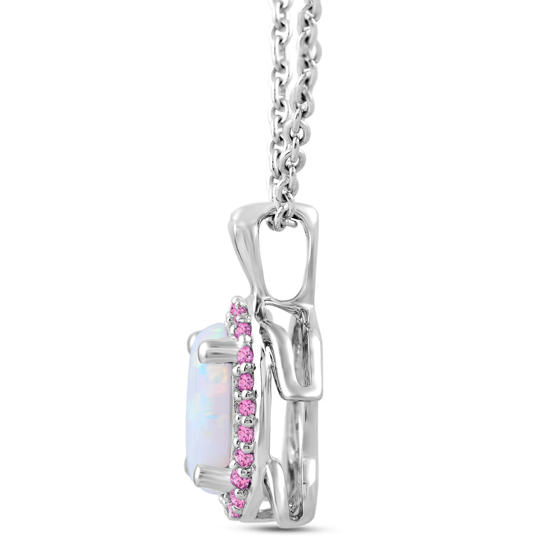 Jewelili Sterling Silver With Created Opal and Created Pink Sapphire Turtle Pendant Necklace