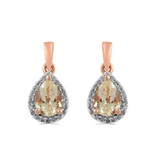 Jewelili Teardrop Drop Earrings with Pear Shape Natural Morganite and Natural White Round Diamonds in 10K Rose Gold 1/6 CTTW View 2