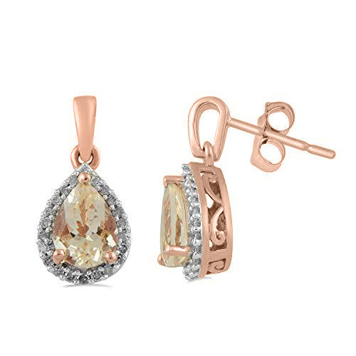 Jewelili Teardrop Drop Earrings with Pear Shape Natural Morganite and Natural White Round Diamonds in 10K Rose Gold 1/6 CTTW View 1