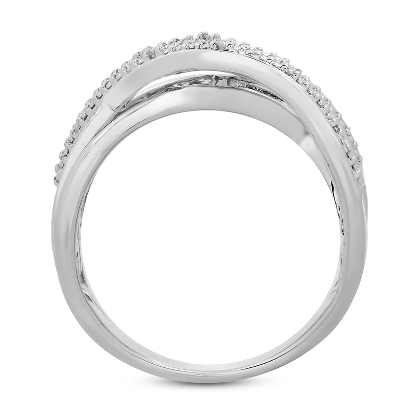 Jewelili Sterling Silver 1/4 CTTW Natural White Round and Baguette Diamonds Cross Over Ring
