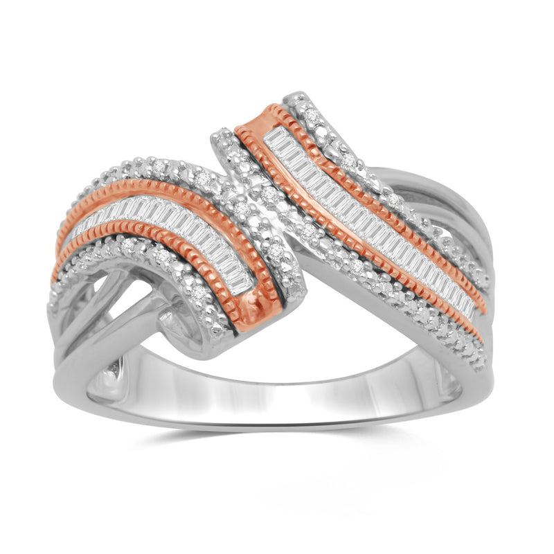 Jewelili Two Tone Bypass Ring with Baguette and Round Diamonds in 10K Rose Gold over Sterling Silver 1/4 CTTW View 1