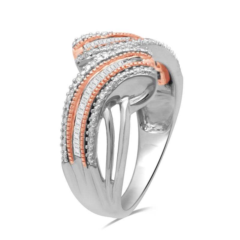 Jewelili Two Tone Bypass Ring with Baguette and Round Diamonds in 10K Rose Gold over Sterling Silver 1/4 CTTW View 2