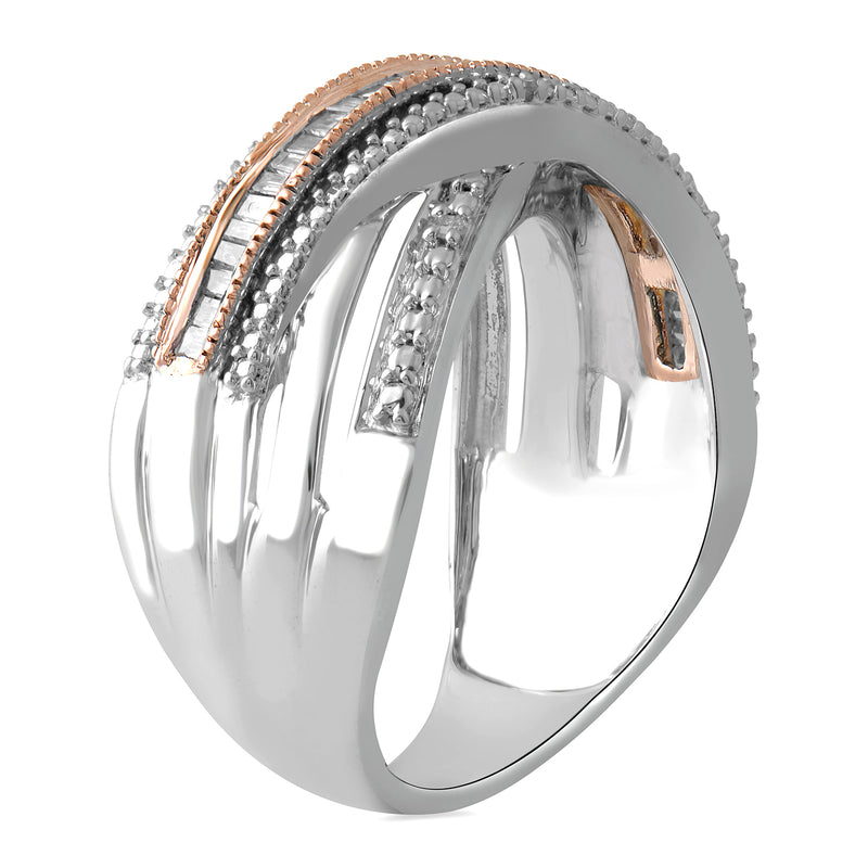 Jewelili Ring with Natural White Round and Baguette Shape Diamonds in Rose Gold over Sterling Silver 1/4 CTTW View 2