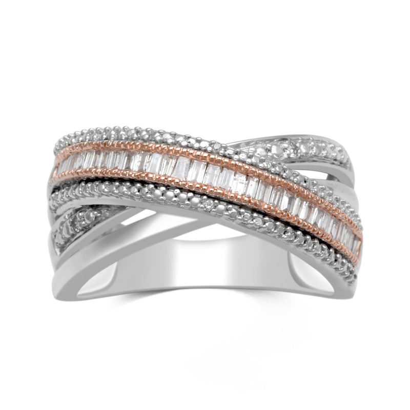 Jewelili Ring with Natural White Round and Baguette Shape Diamonds in Rose Gold over Sterling Silver 1/4 CTTW View 1