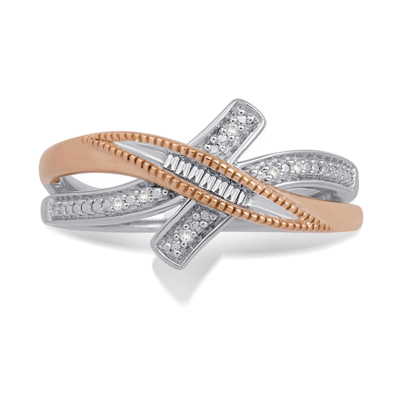 Jewelili Crossover Bypass Ring with Baguette and Round Diamonds in 10K Rose Gold over Sterling Silver View 2