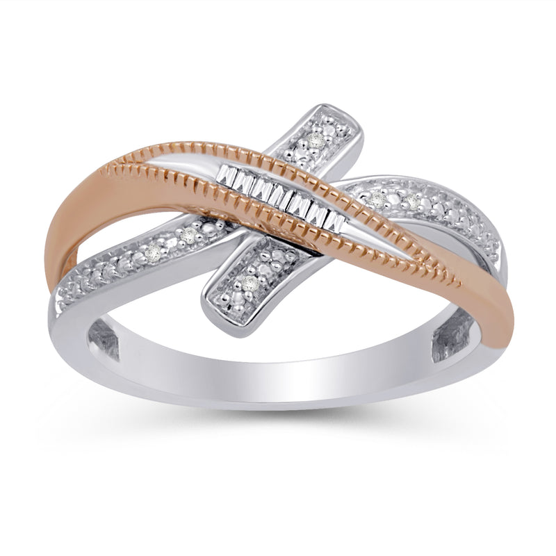 Jewelili Crossover Bypass Ring with Baguette and Round Diamonds in 10K Rose Gold over Sterling Silver View 1