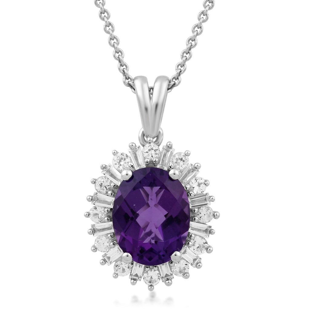 Jewelili Sterling Silver Amethyst Oval with Created White Sapphire Pendant Necklace 18