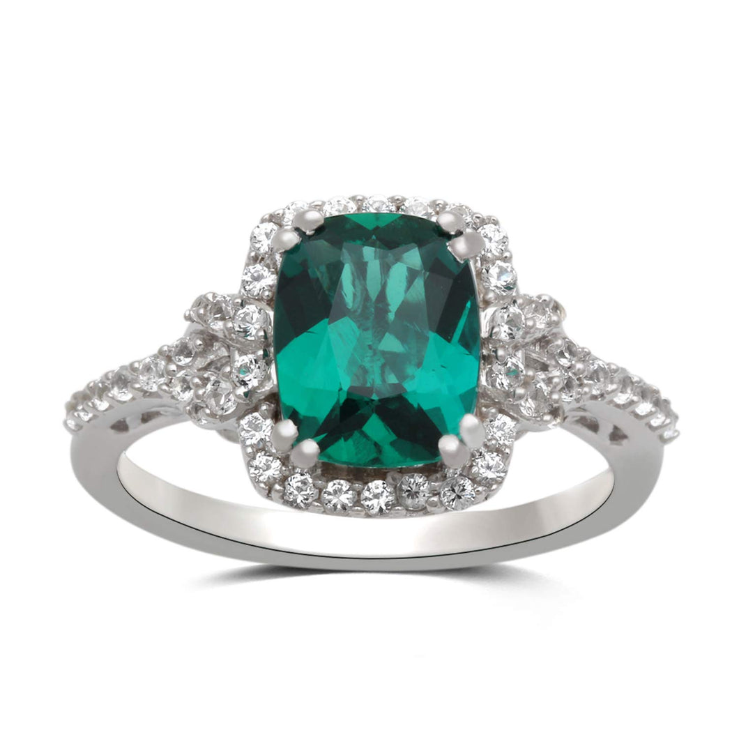 Jewelili Sterling Silver 9x7mm Cushion Cut Created Emerald and Round Created White Sapphire Halo Ring