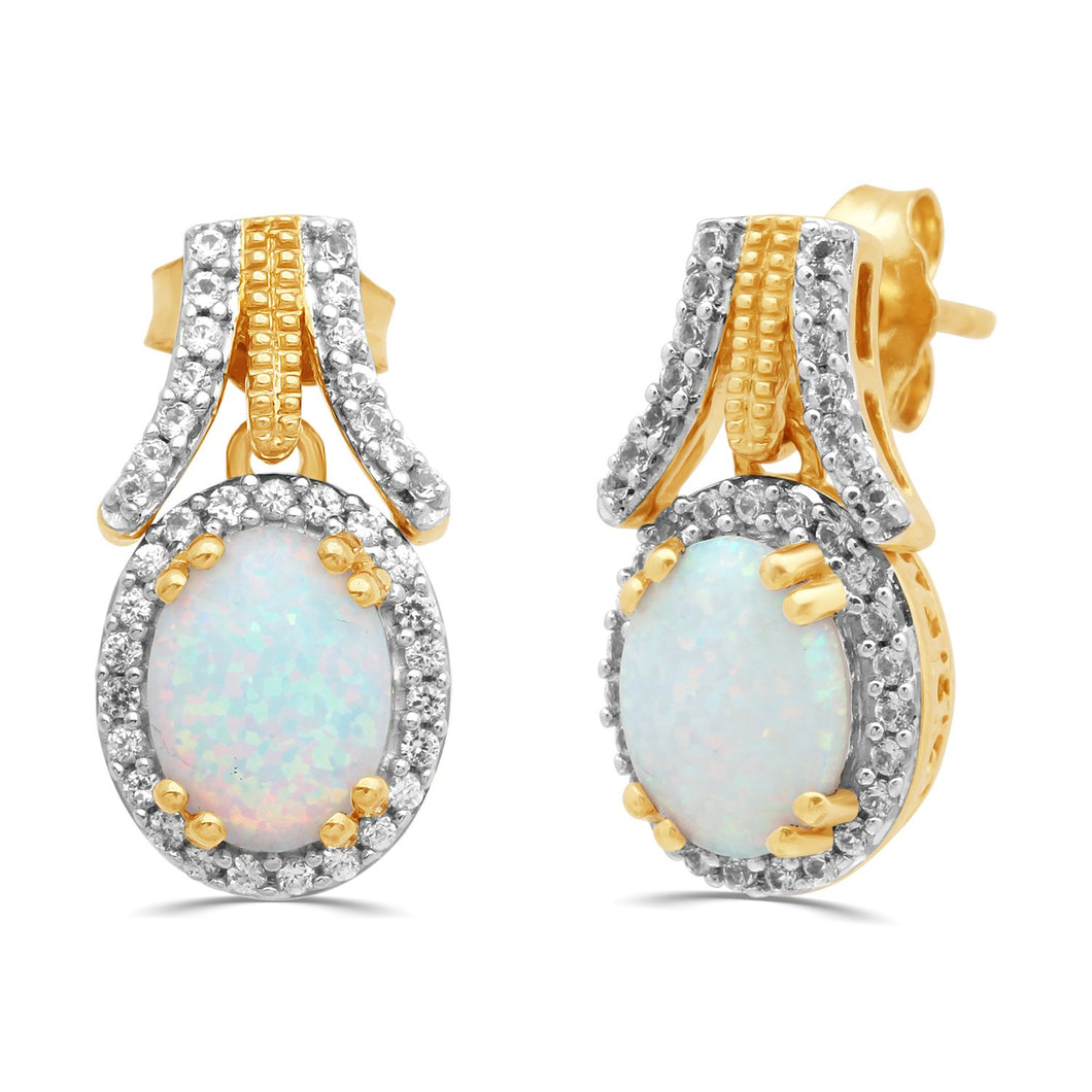 Jewelili Earrings with Created Opal and Created White Sapphire in Yellow Gold over Sterling Silver View 1