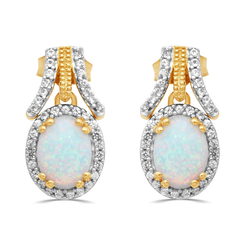 Jewelili Earrings with Created Opal and Created White Sapphire in Yellow Gold over Sterling Silver View 2