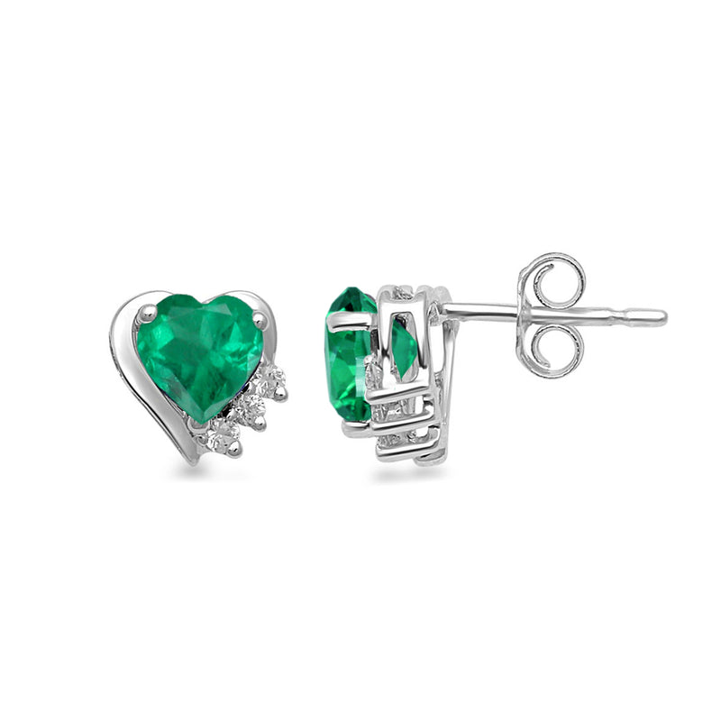 Jewelili Sterling Silver with Heart Simulated Emerald and Round Created White Sapphire Pendant and Stud Earrings Set