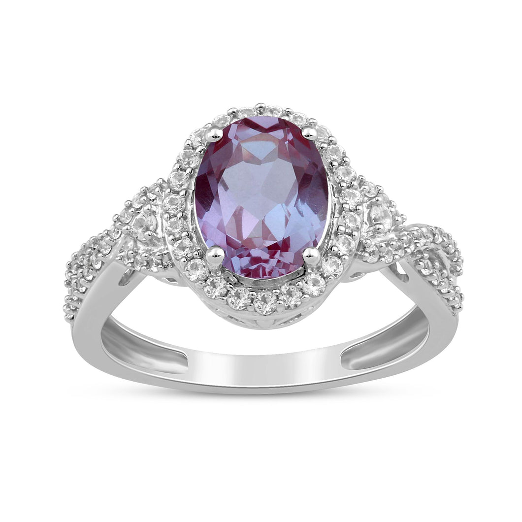 Jewelili Sterling Silver With Created Alexandrite and Created White Sapphire Halo Ring
